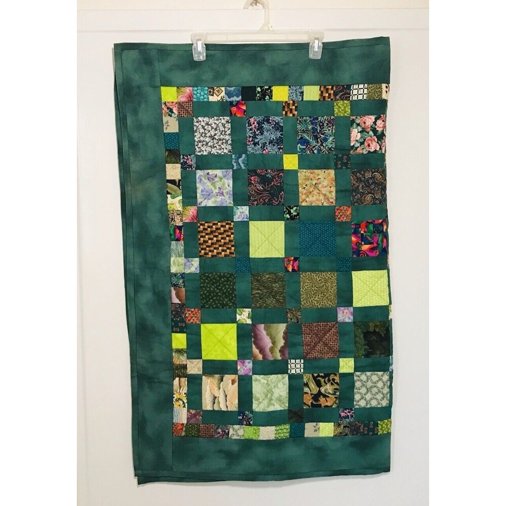 Vintage Handmade And Machine Sewn Crazy Patchwork Quilt Lap Quilt Green 49 X 40